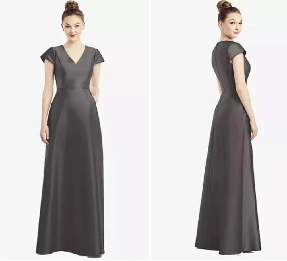 Alfred Sung Dress Size 4 Sateen Twill With Cape Sleeve Caviar Gray D779